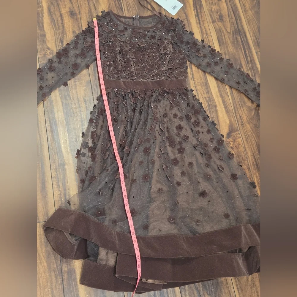 Mac Duggal Long Sleeve Fit & Flare Velvet Embellished Brown Floral Dress sz 2 - Picture 9 of 14